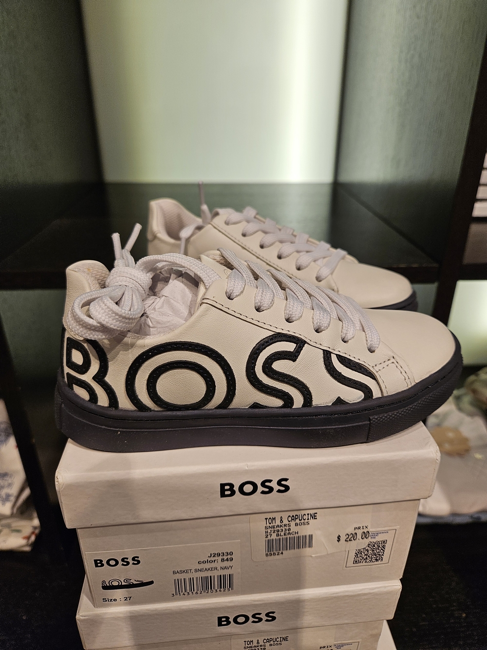 BOSS Kids White & Navy Leather Sneakers
